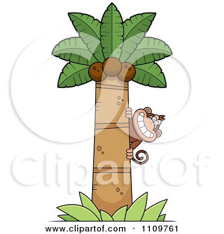 Clipart Monkey Behind A Coconut Palm Tree - Royalty Free Vector Illustration by Cory Thoman