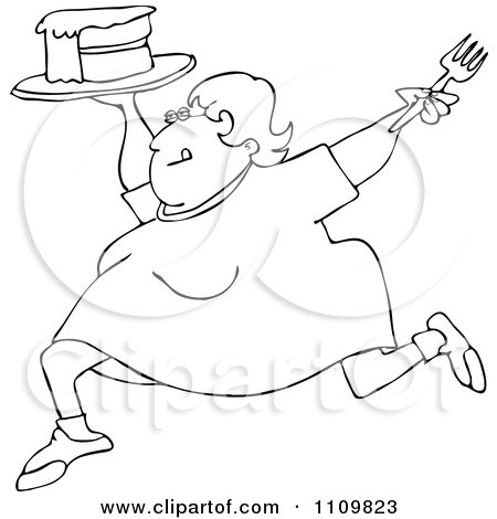 Clipart Outlined Cartoon Happy Fat Woman Running With Cake - Royalty Free Vector Illustration by djart
