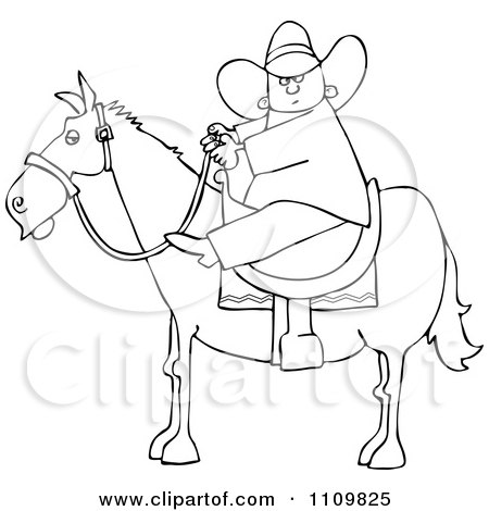 Clipart Outlined Cartoon Cowboy Holding The Reins While On Horseback - Royalty Free Vector Illustration by djart
