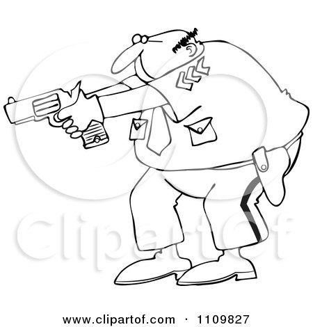 Clipart Outlined Cartoon Police Officer Aiming His Gun - Royalty Free Vector Illustration by djart