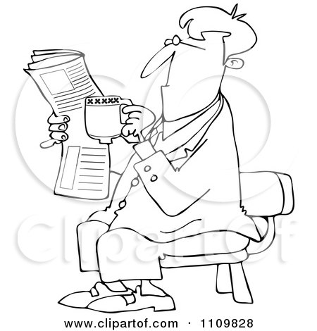 Clipart Outlined Cartoon Businessman Sitting With Coffee And A Newspaper - Royalty Free Vector Illustration by djart