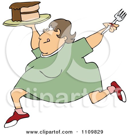 Clipart Cartoon Happy Fat Woman Running With Cake - Royalty Free Vector Illustration by djart