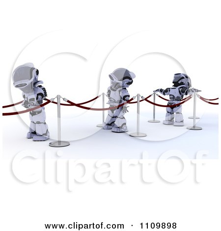 Clipart 3d Robots In Line With Red Ropes And Poles - Royalty Free CGI Illustration by KJ Pargeter