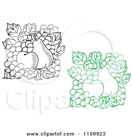 Clipart Black And White And Green Apples Pears And Grapes - Royalty Free Vector Illustration by Vector Tradition SM