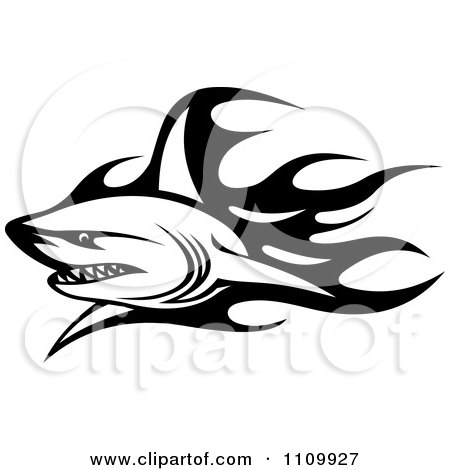 Clipart Black And White Tribal Shark And Flames 1 - Royalty Free Vector Illustration by Vector Tradition SM