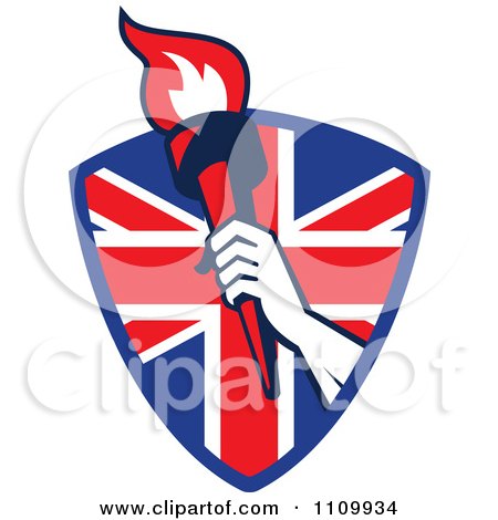 Clipart Retro Athlete Holding Up A Flaming Torch Over A British Union Jack Flag Shield - Royalty Free Vector Illustration by patrimonio