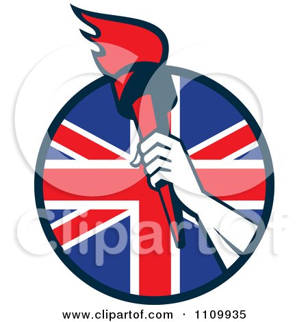 Clipart Retro Athlete Holding Up A Flaming Torch Over A British Union Jack Flag Circle - Royalty Free Vector Illustration by patrimonio