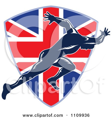 Clipart Sprinter Running Over A British Union Jack Flag Shield - Royalty Free Vector Illustration by patrimonio