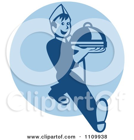 Clipart Retro Waiter Serving A Platter Over A Blue Circle - Royalty Free Vector Illustration by patrimonio