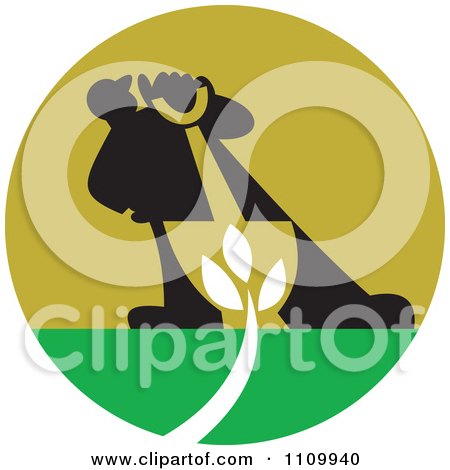 Clipart Silhouetted Landscaper With A Shovel And Plant - Royalty Free Vector Illustration by patrimonio