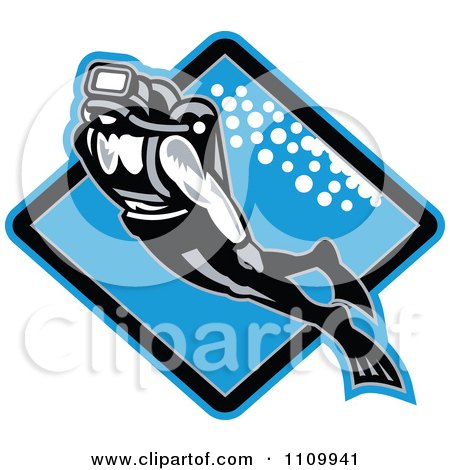 Clipart Retro Scuba Diver Swimming Over A Blue Diamond - Royalty Free Vector Illustration by patrimonio