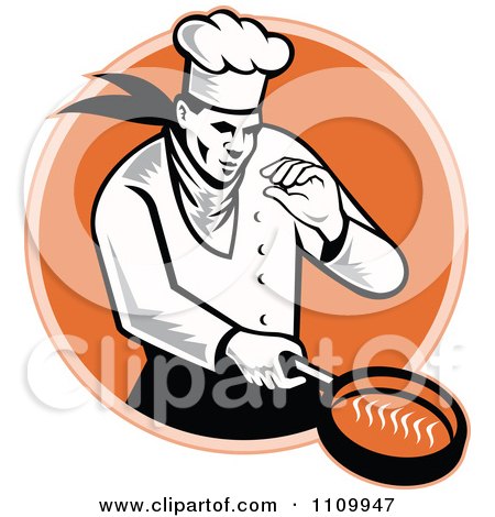 Clipart Retro Chef Cooking With A Frying Pan Over An Orange Circle - Royalty Free Vector Illustration by patrimonio