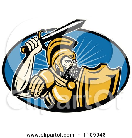 Clipart Retro Roman Soldier Holding Up His Sword Over A Blue Oval - Royalty Free Vector Illustration by patrimonio