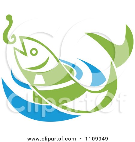 Clipart Green Fish Leaping For A Hook Over Blue Water - Royalty Free Vector Illustration by patrimonio