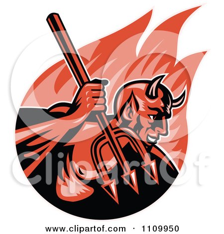 Clipart Retro Demon Devil Holding Up A Trident Over Flames - Royalty Free Vector Illustration by patrimonio