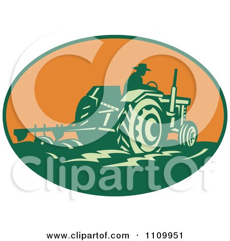 Clipart Retro Farmer Operating A Tractor And Plowing A Field In An Orange Oval - Royalty Free Vector Illustration by patrimonio