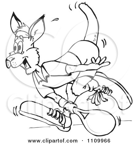 Clipart Black And White Aussie Kangaroo Playing Tennis - Royalty Free Vector Illustration by Dennis Holmes Designs