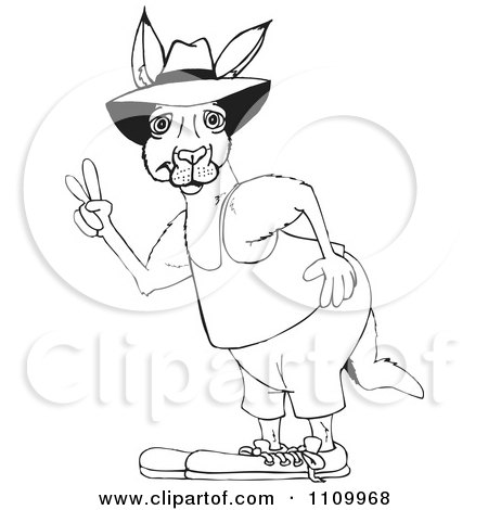 Clipart Black And White Aussie Kangaroo Gesturing Peace - Royalty Free Vector Illustration by Dennis Holmes Designs