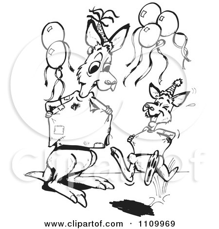 Clipart Black And White Aussie Kangaroo Hopping At A Party - Royalty Free Vector Illustration by Dennis Holmes Designs