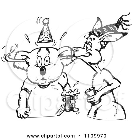 Clipart Black And White Aussie Kangaroo Blowing A Noise Maker Through A Koalas Ear At A Party - Royalty Free Vector Illustration by Dennis Holmes Designs