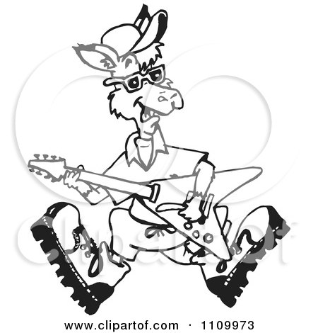 Clipart Black And White Aussie Kangaroo Guitarist - Royalty Free Vector Illustration by Dennis Holmes Designs