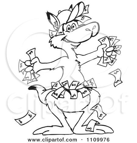 Clipart Black And White Aussie Kangaroo With Cash Money - Royalty Free Vector Illustration by Dennis Holmes Designs