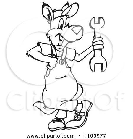 Clipart Black And White Aussie Kangaroo Auto Mechanic Holding A Wrench - Royalty Free Vector Illustration by Dennis Holmes Designs