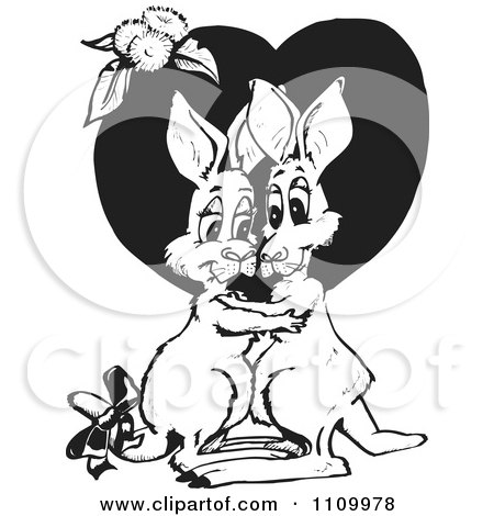 Clipart Black And White Aussie Kangaroo Couple Embracing Over A Heart - Royalty Free Vector Illustration by Dennis Holmes Designs