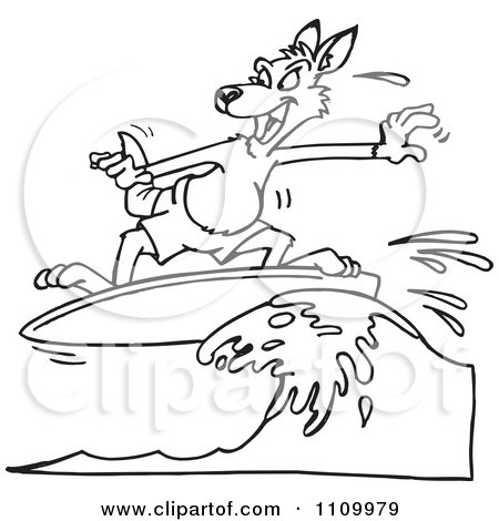 Clipart Black And White Aussie Kangaroo Surfing - Royalty Free Vector Illustration by Dennis Holmes Designs