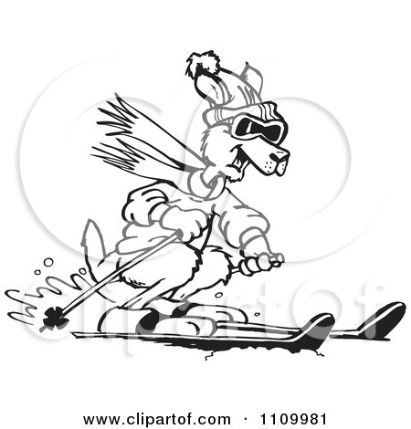 Clipart Black And White Aussie Kangaroo Skiing - Royalty Free Vector Illustration by Dennis Holmes Designs