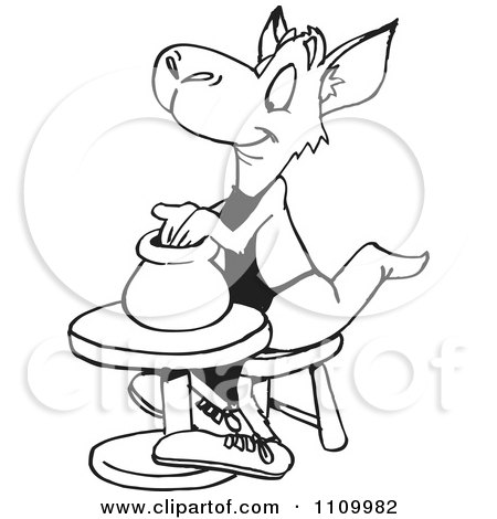 Clipart Black And White Aussie Kangaroo Using A Pottery Wheel - Royalty Free Vector Illustration by Dennis Holmes Designs