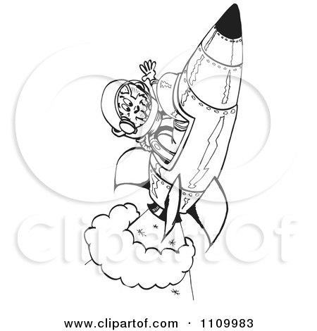 Clipart Black And White Aussie Kangaroo Astronaut In A Rocket - Royalty Free Vector Illustration by Dennis Holmes Designs