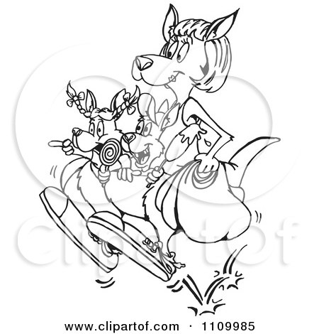 Clipart Black And White Aussie Kangaroo Mom Shopping - Royalty Free Vector Illustration by Dennis Holmes Designs