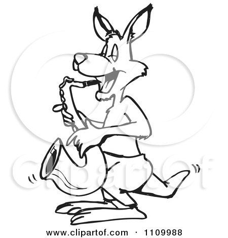 Clipart Black And White Aussie Kangaroo Playing A Saxophone - Royalty Free Vector Illustration by Dennis Holmes Designs