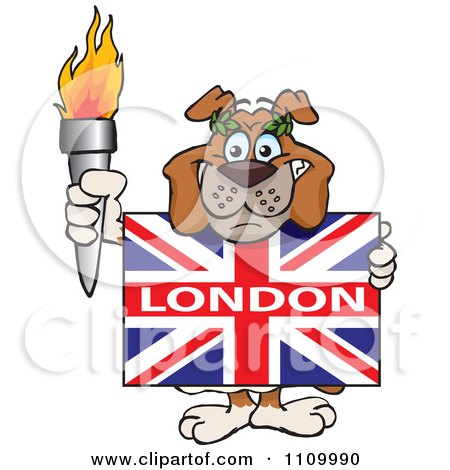 Clipart Olympic Games Bulldog Holding A Torch And British London Flags - Royalty Free Vector Illustration by Dennis Holmes Designs