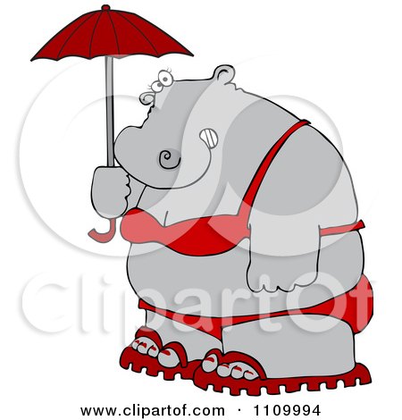 Clipart Fat Hippo Holding A Parasol And Wearing A Red Bikini And Sandals - Royalty Free Vector Illustration by djart