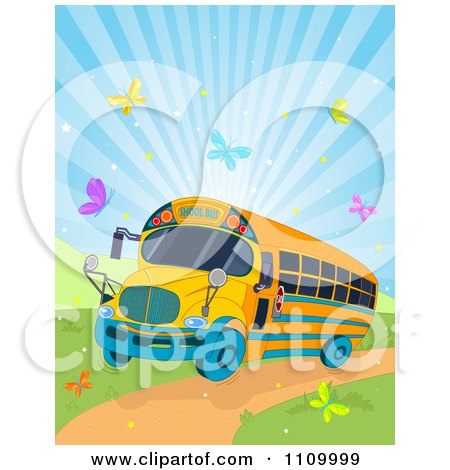 Clipart Schoool Bus Driving Down A Path With Colorful Butterflies And Sunshine - Royalty Free Vector Illustration by Pushkin