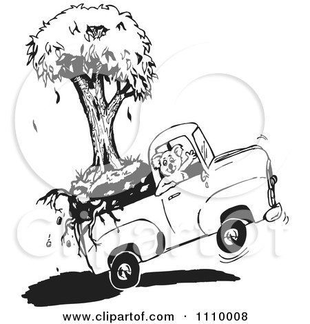 Clipart Black And White Aussie Koala Transporting A Tree In A Truck - Royalty Free Vector Illustration by Dennis Holmes Designs