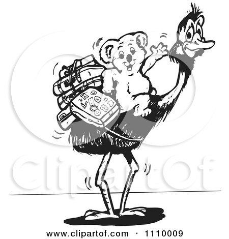 Clipart Black And White Aussie Koala Traveling By Emu - Royalty Free Vector Illustration by Dennis Holmes Designs