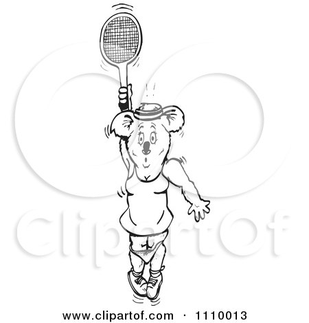 Clipart Black And White Aussie Female Koala Playing Tennis 2 - Royalty Free Vector Illustration by Dennis Holmes Designs