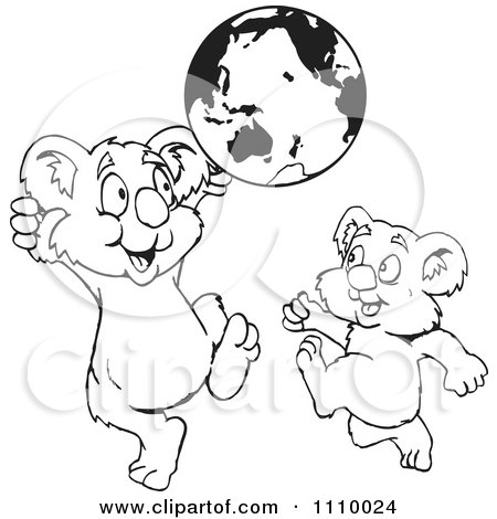 Clipart Black And White Aussie Koalas Playing With A Globe - Royalty Free Vector Illustration by Dennis Holmes Designs