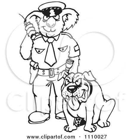 Clipart Black And White Aussie Koala Police Officer With A Dog - Royalty Free Vector Illustration by Dennis Holmes Designs