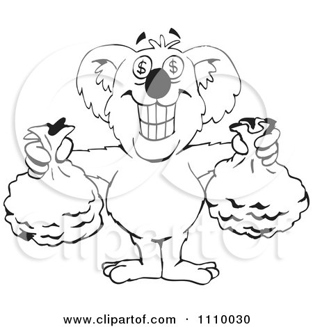 Clipart Black And White Aussie Koala Holding Full Money Bags - Royalty Free Vector Illustration by Dennis Holmes Designs