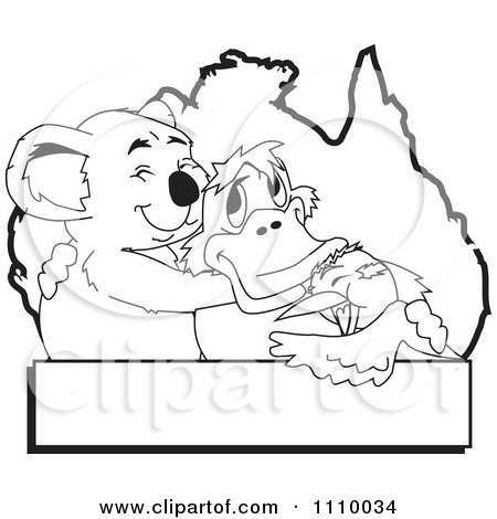 Clipart Black And White Aussie Koala Hugging A Platypus And Kookaburra Over An Australia Map And Banner - Royalty Free Vector Illustration by Dennis Holmes Designs
