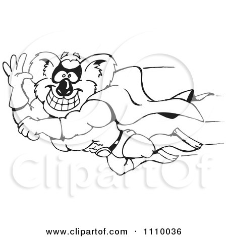 Clipart Black And White Aussie Koala Super Hero Flying - Royalty Free Vector Illustration by Dennis Holmes Designs