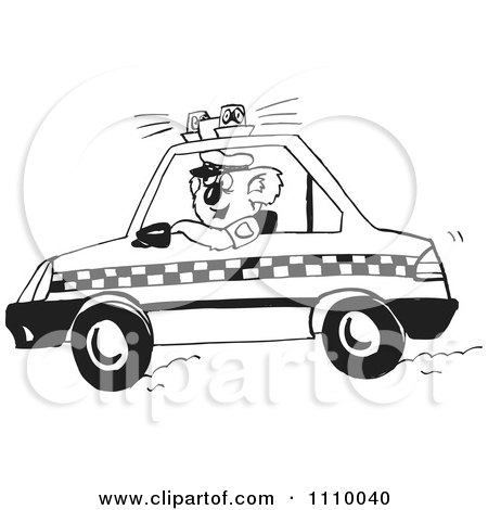 Clipart Black And White Aussie Koala Police Officer Driving A Car - Royalty Free Vector Illustration by Dennis Holmes Designs
