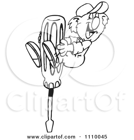 Clipart Black And White Aussie Koala Mechanic On A Screwdriver - Royalty Free Vector Illustration by Dennis Holmes Designs