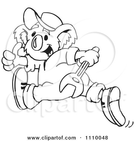 Clipart Black And White Aussie Koala Mechanic Running - Royalty Free Vector Illustration by Dennis Holmes Designs