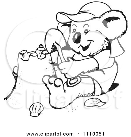 Clipart Black And White Aussie Koala Making A Sand Castle - Royalty Free Vector Illustration by Dennis Holmes Designs
