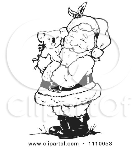 Clipart Black And White Santa Hugging A Koala - Royalty Free Vector Illustration by Dennis Holmes Designs